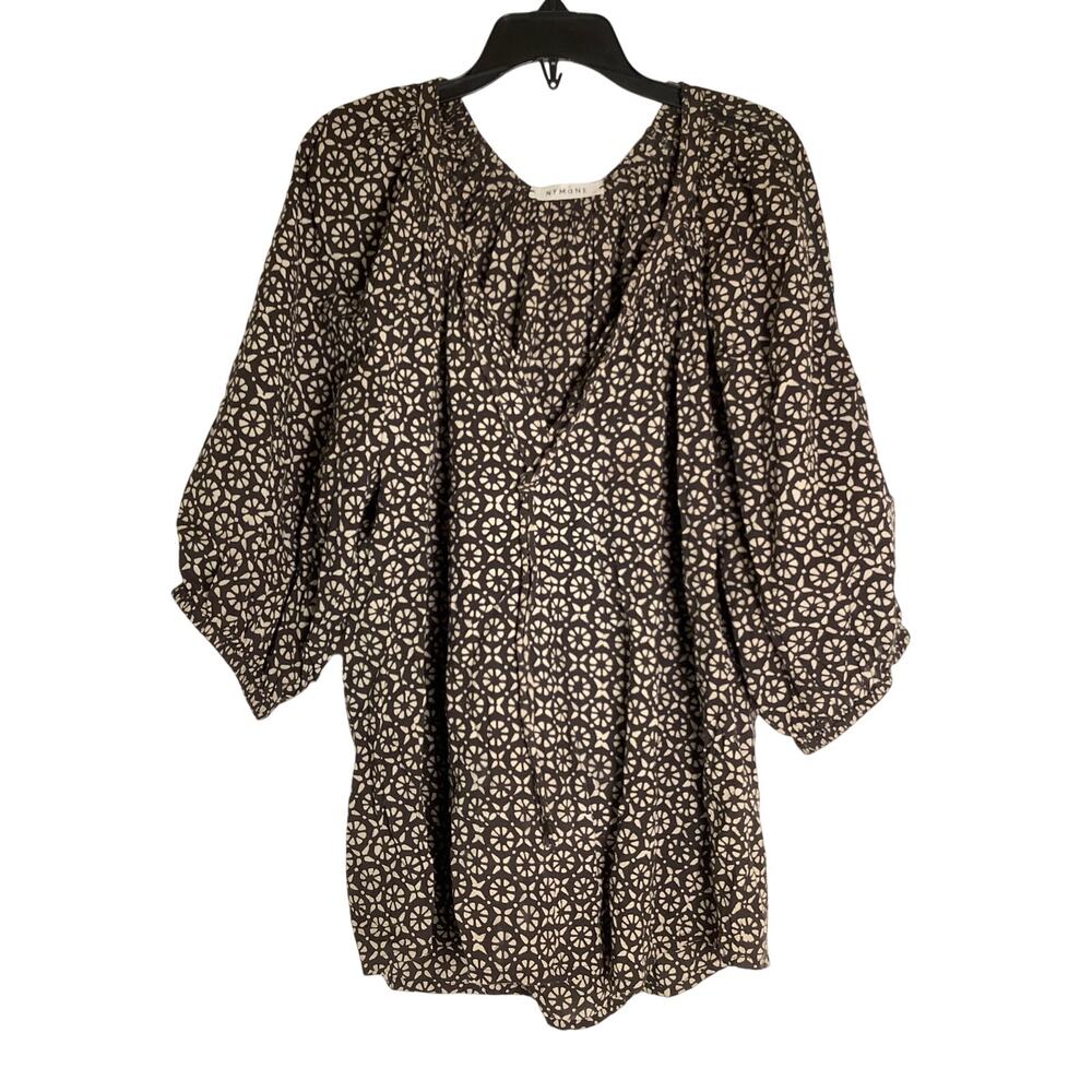 Nymane Women's Medium Brown Geometric Cotton Blouse Boho Chic Cottagecore T4-7